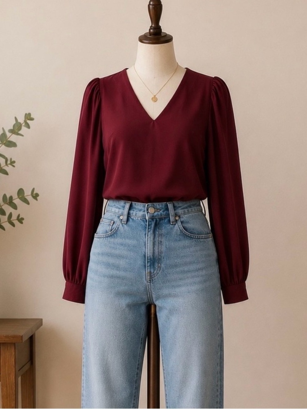 Marciano Guess Burgundy Sheer Puff Sleeve V-Neck Blouse Women's US 6 Elegant Top